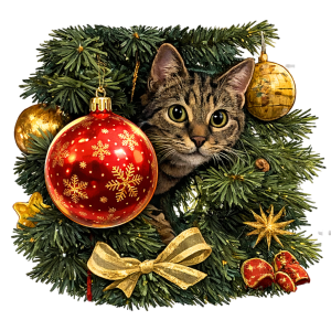 Tabby kat in kerstboom