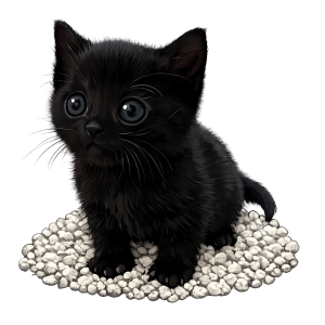 Zwart kitten op kattenbakgrit