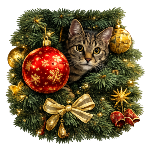 tabby kat in kerstboom